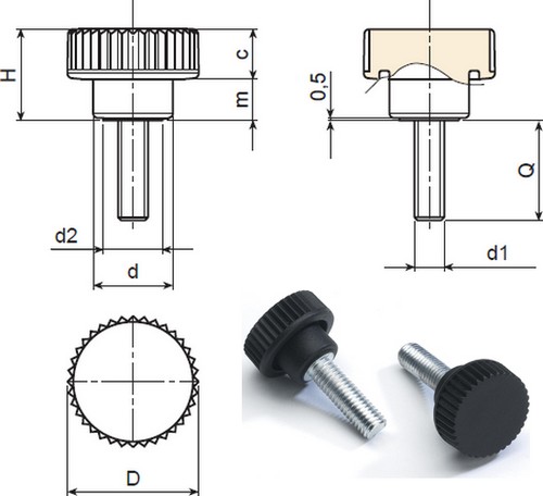 Solid knurled handwheel with threaded stud